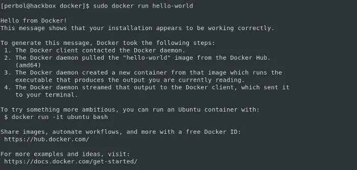 The output of the Hello-world docker