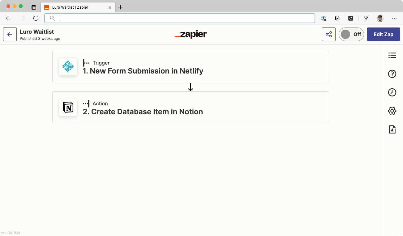 Screenshop of Zapier admin with a “Zap” that has Netlify Form Submission block connected to a Create Database Item in Notion block
