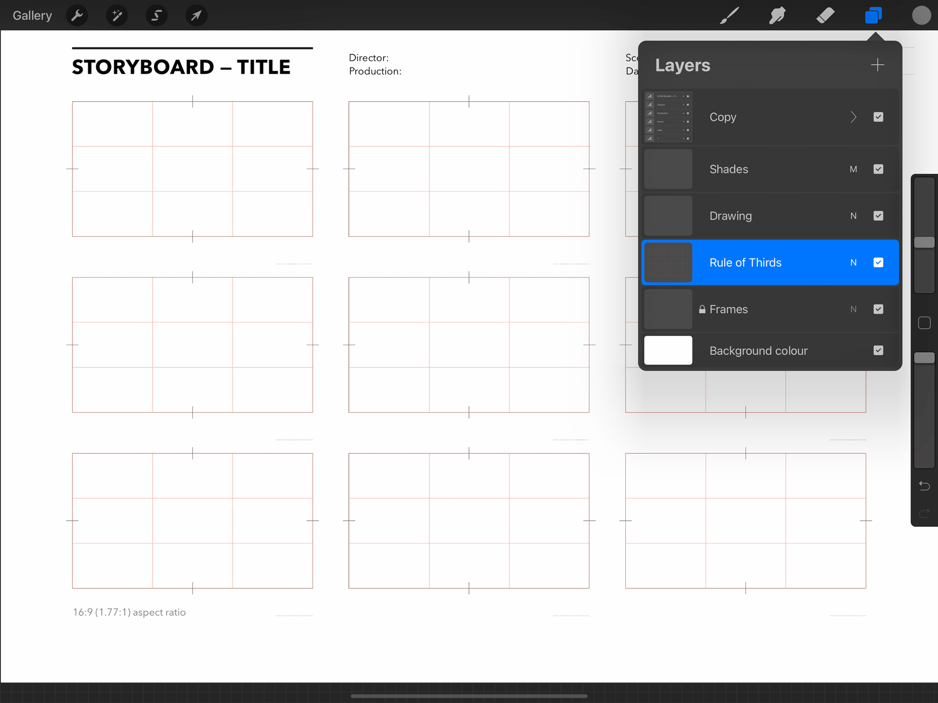 Free Procreate storyboard template, 9 frames for 169 (1.771) films