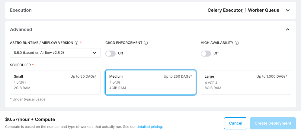 Deployment creation screen with new pricing information