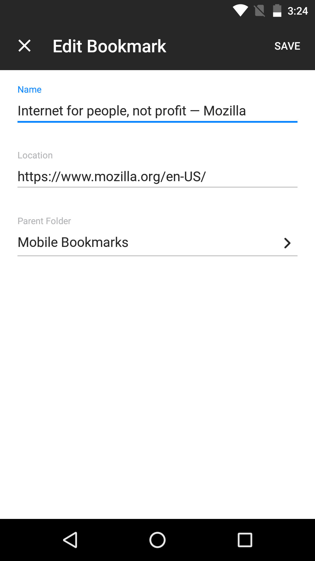 Firefox for Android interface for editing a bookmark.