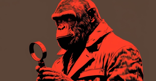 Duotone Black and Red portrait of an ape wearing a trench coat holding a magnifying glass.