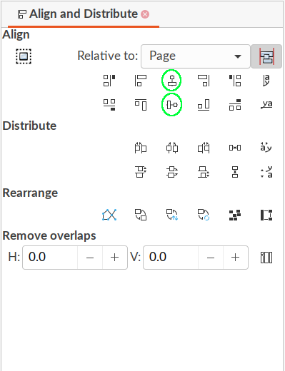 Align and distribute tab with centrally align buttons highlighted in Inkscape