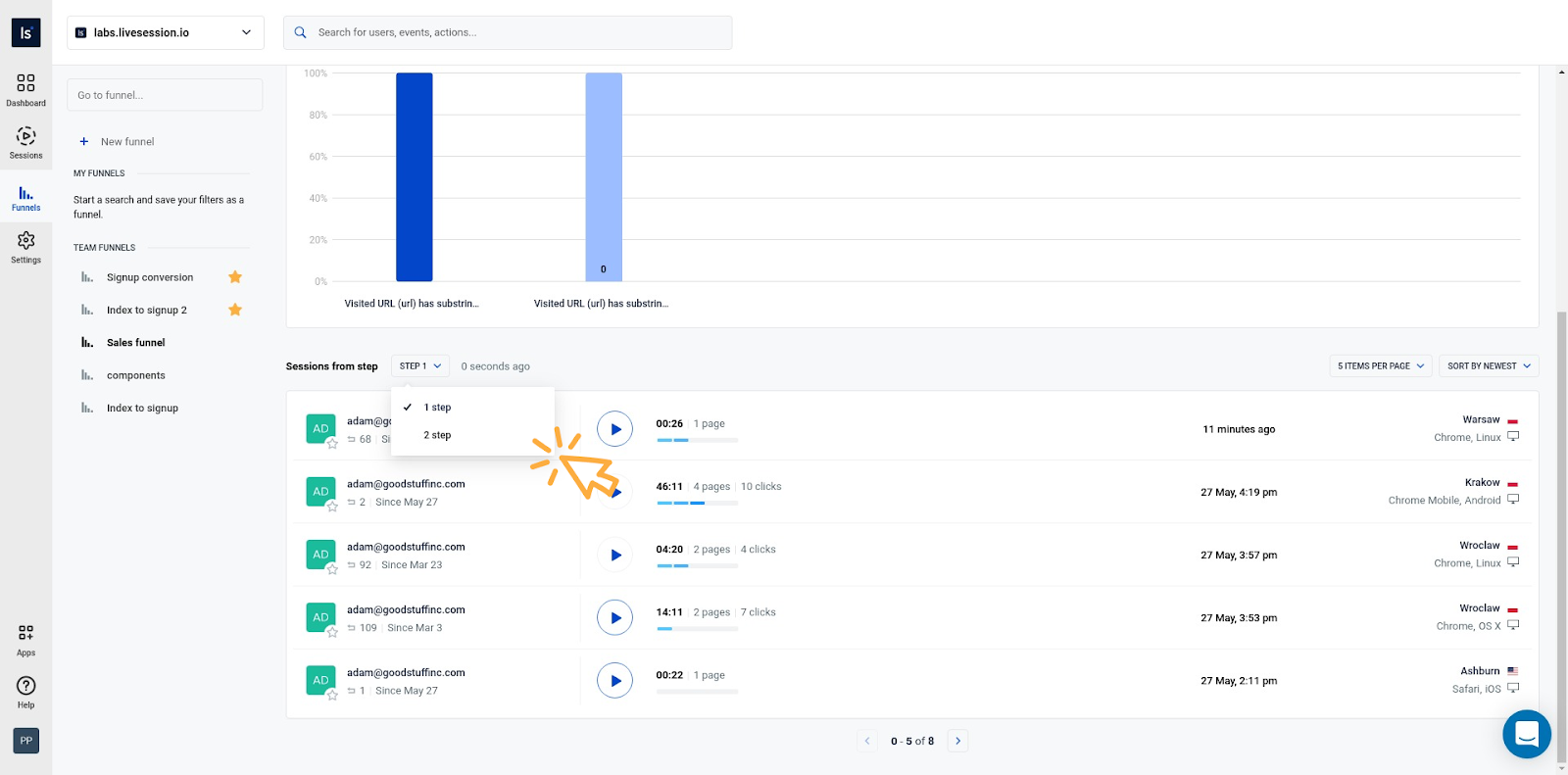 Change funnel step LiveSession funnels
