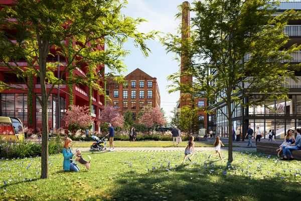 Hawkins Brown - Electric Park - Exterior CGI - people sat outside on the green areas, near a bus or tram.