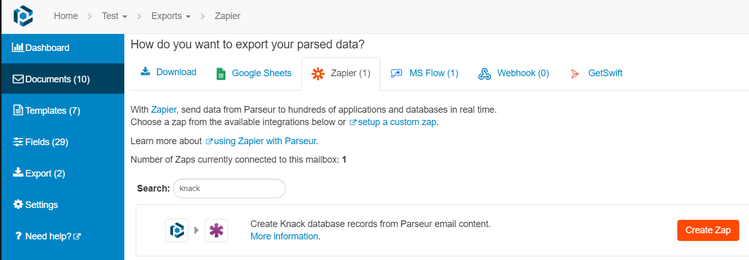 Export parsed data to knack database