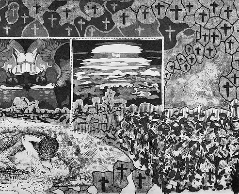large complex etching with collage-like composition including troops, crosses, mushroom cloud