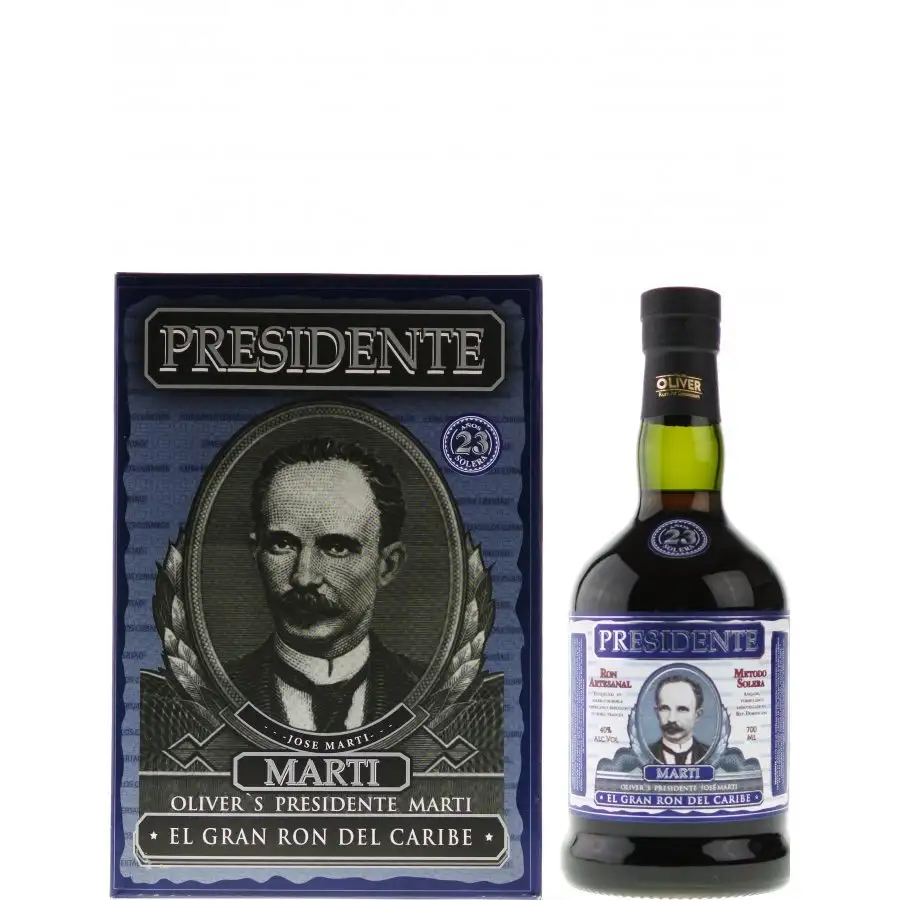 Image of the front of the bottle of the rum Presidente Marti 23 Años