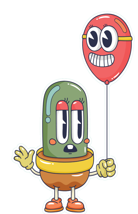 A pickle cartoon holding a balloon.
