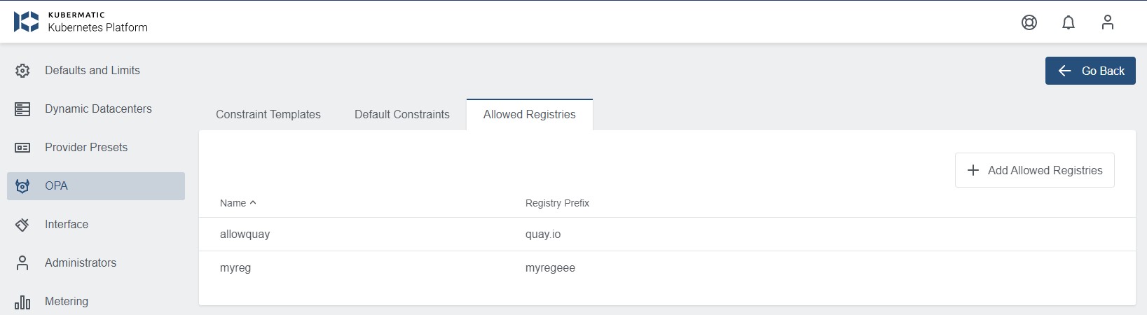 Allowed Registry in the Admin Panel