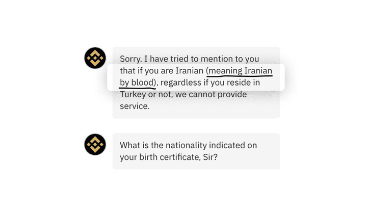 Binance refusing service to Iranians even if they have long left the country