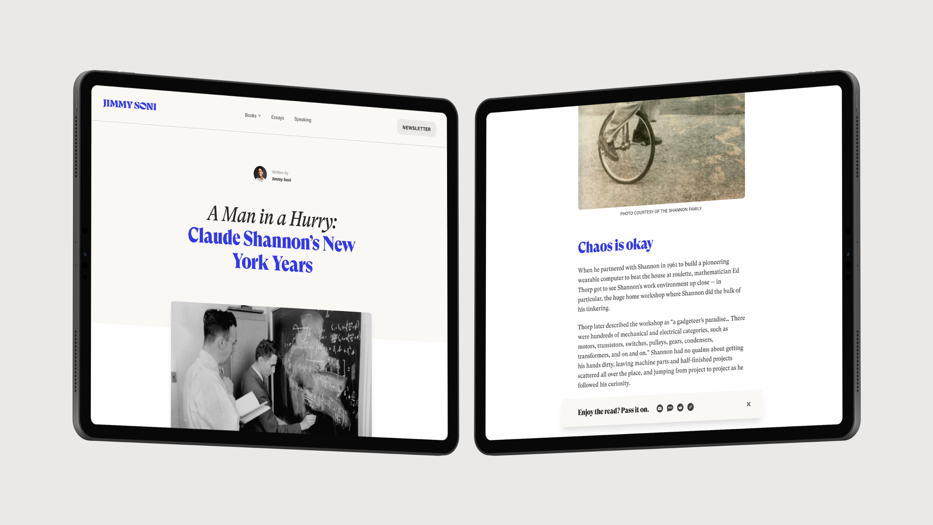 iPads showing sections of a blog post about Claude Shannon