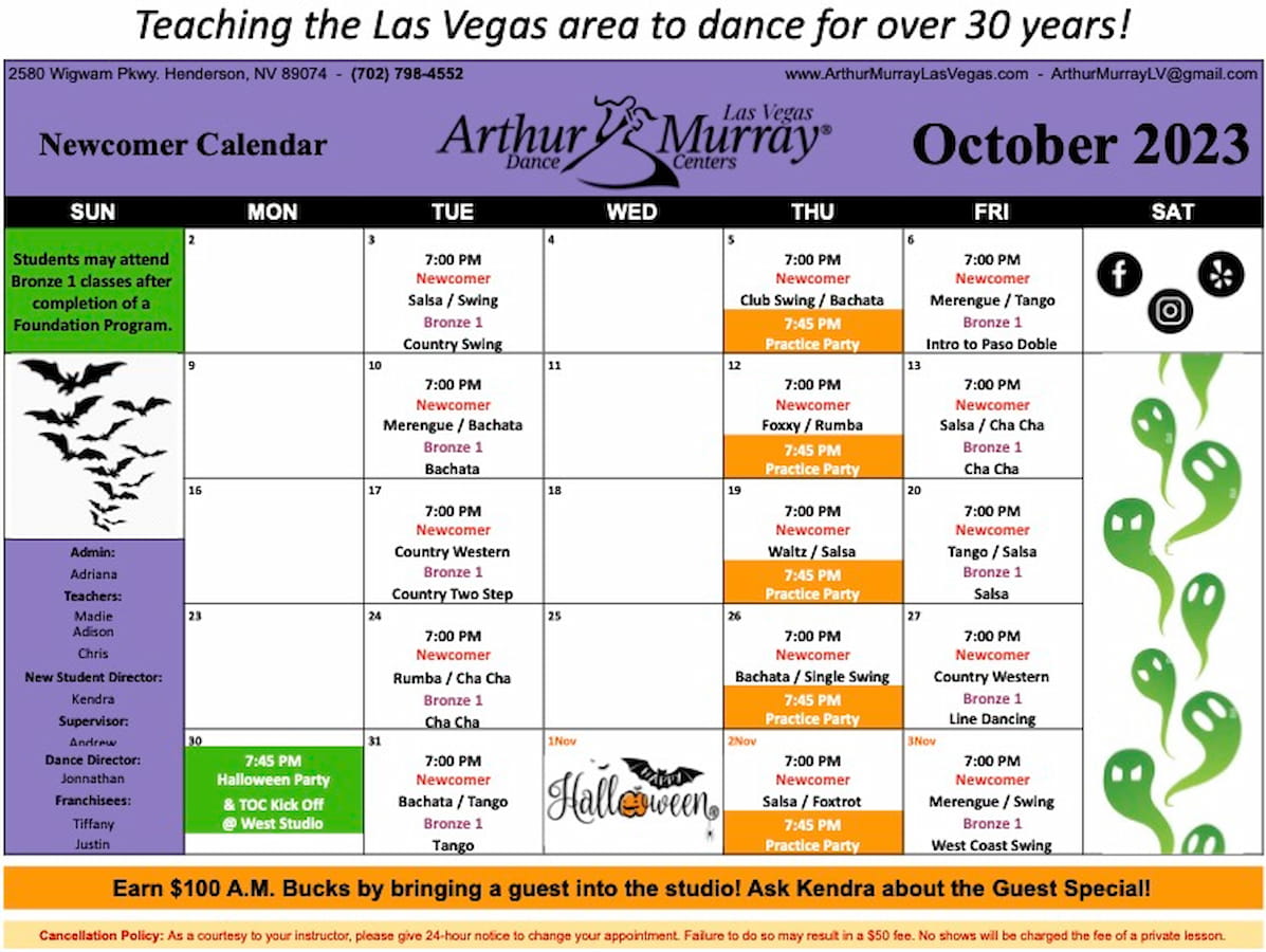 Arthur Murray Las Vegas East Newcomer Group Class Calendar