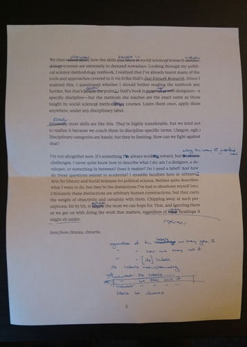 A piece of paper with many annotations over printed words (second page of Hit and Miss #2 when printed)