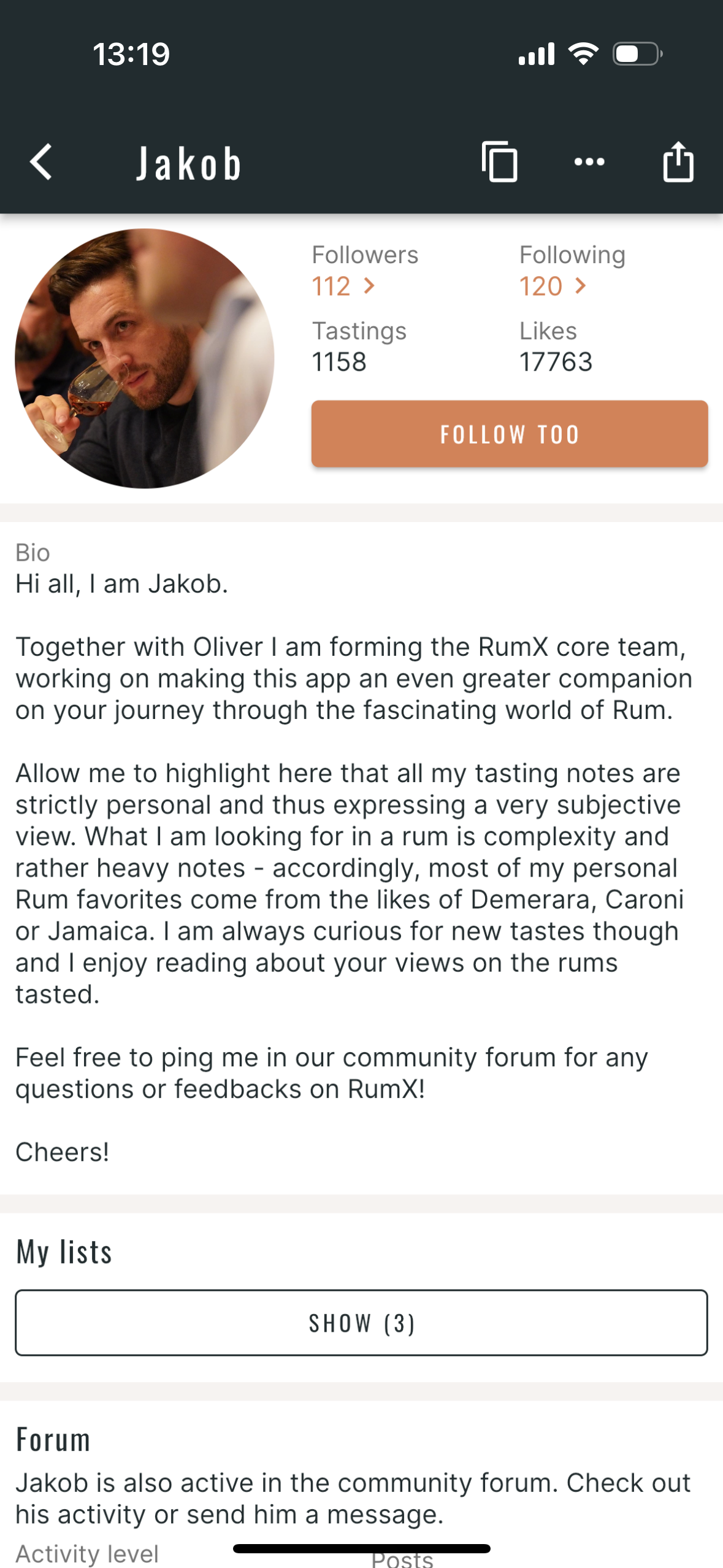 Screenshot of Jakob's in-app user profile