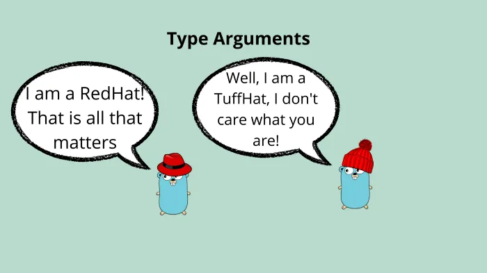 Type Arguments are provided to function call to specify data type. Image by Percy Bolmér. Gopher by Takuya Ueda, Original Go Gopher by Renée French (CC BY 3.0)