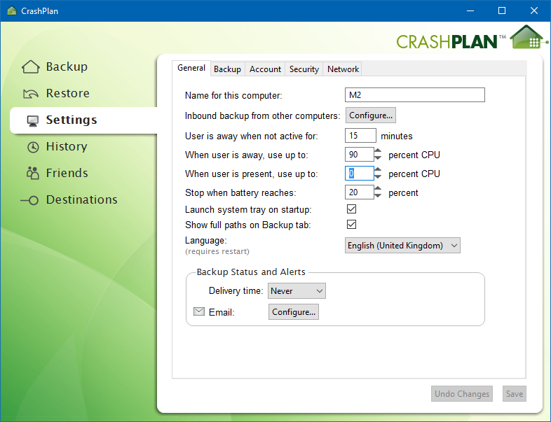 CrashPlan General Settings