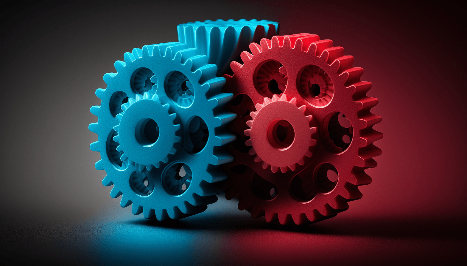 An image of three gears, colored red, blue, and blue, interlocked and turning together to symbolize their integration and collaboration in automating cybersecurity processes