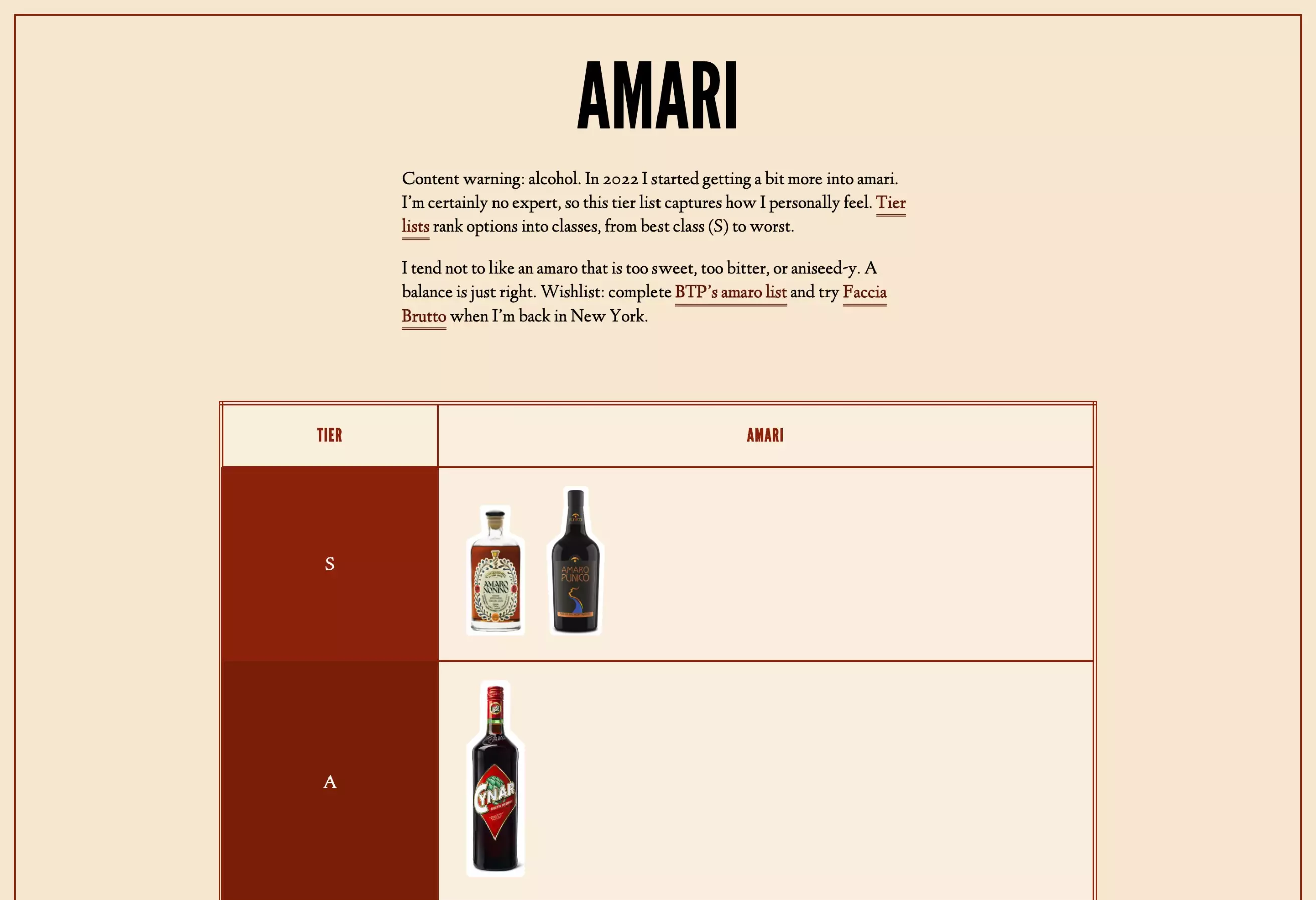 The amari tier list page. Roughly cut-out bottles of Amari are organized by S, A, B, C, D ranks.