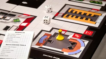 Close up of the game board, featuring dice, tokens and rooms on the game board