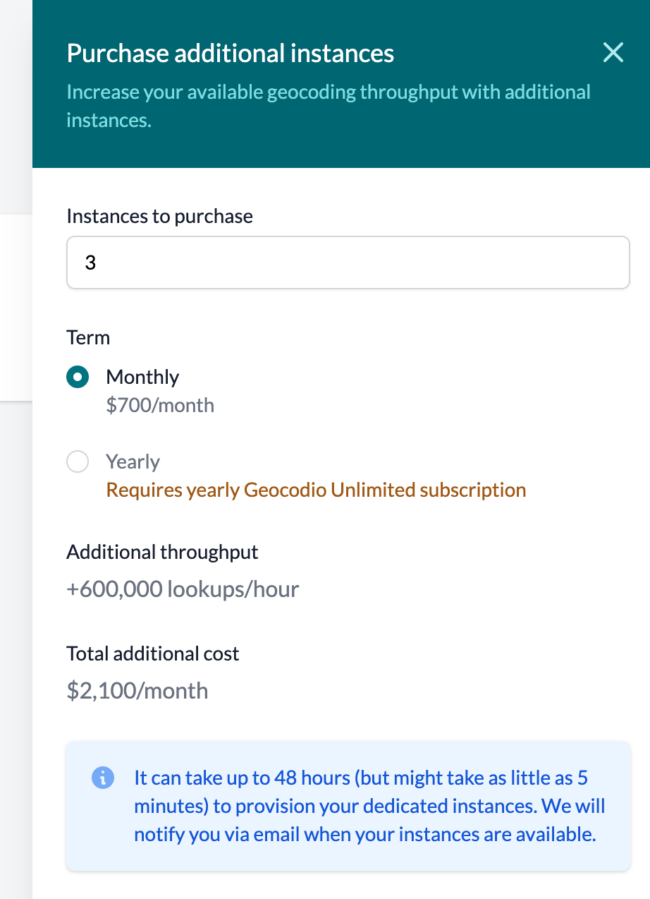 purchasing an additional instance modal
