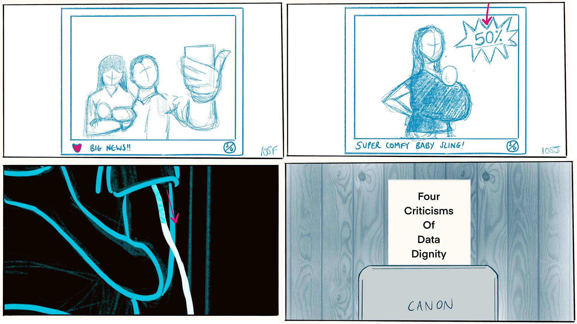 A gallery showing four storyboards from Jaron Lanier fixes the internet
