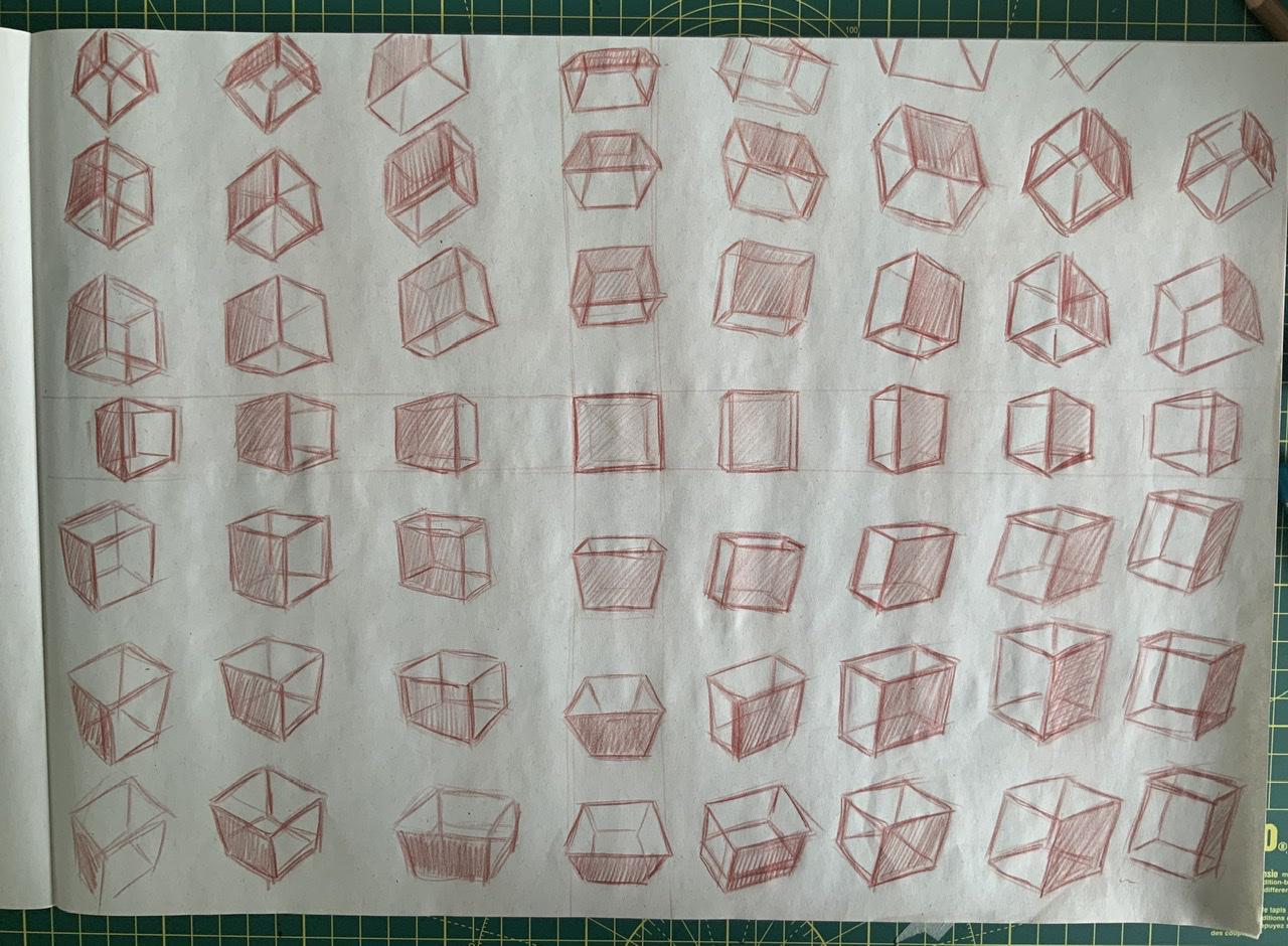 A page of 3D cubes drawn in polychromes pencil