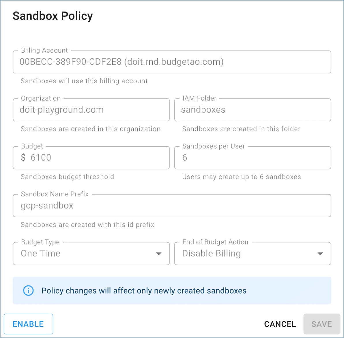 A screenshot showing the Sandbox Policy modal dialog