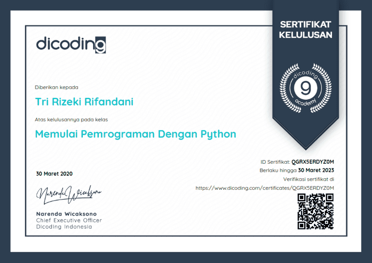 Memulai Pemrograman dengan Python Certificate by Rifandani