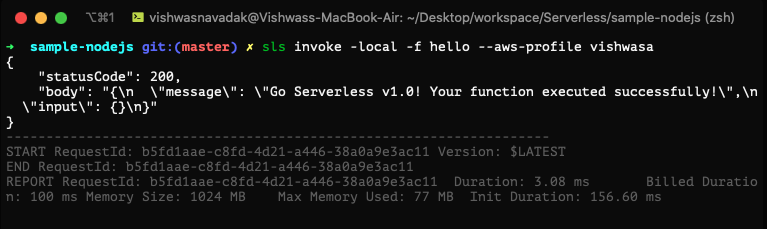 Output from the serverless invoke Output from the serverless invoke