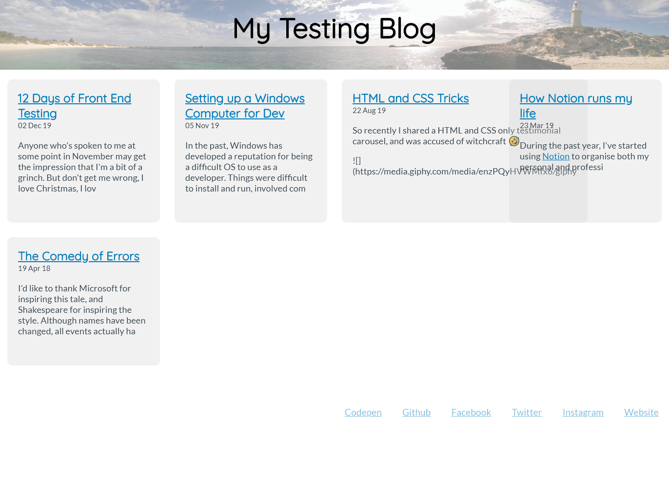 Screenshot of blog page when run during the pa11y test