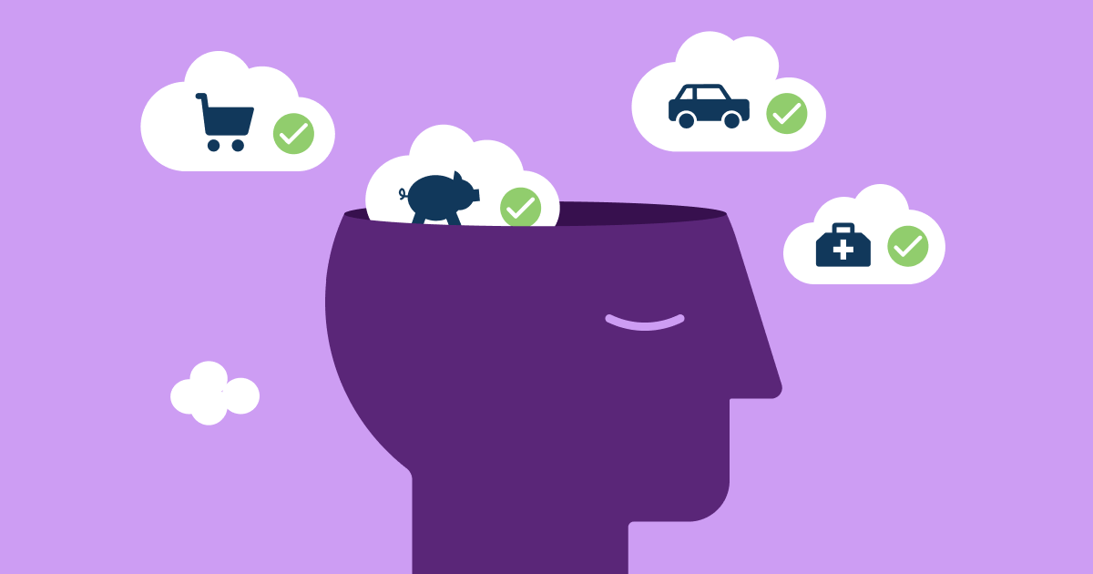 Illustration of a person's head with thought bubbles representing financial stressors: groceries, car, savings, medical