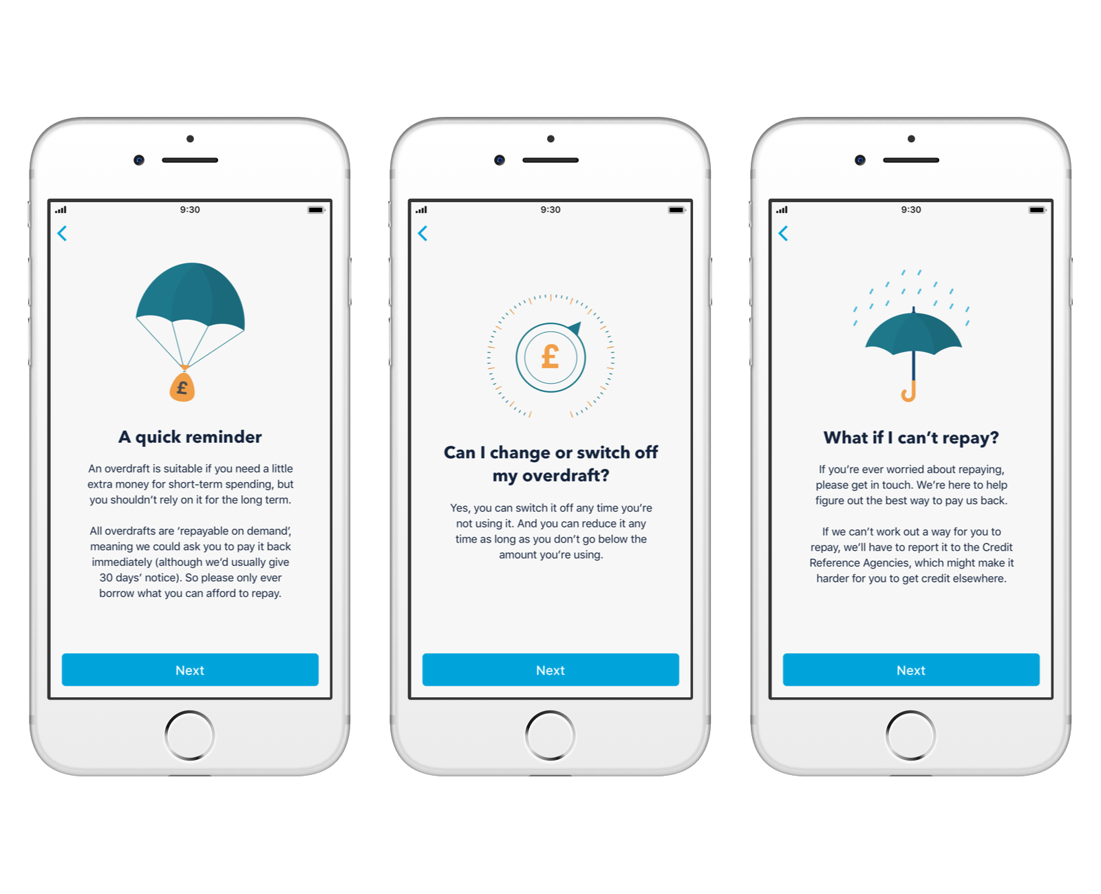 Screen showing a tour explaining overdrafts in the Monzo app
