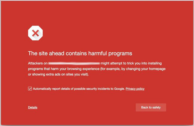 Examples warning message stating “the site ahead contains malware”.