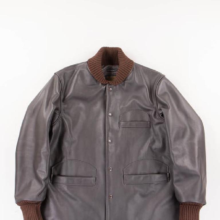 Brown leather varsity jacket