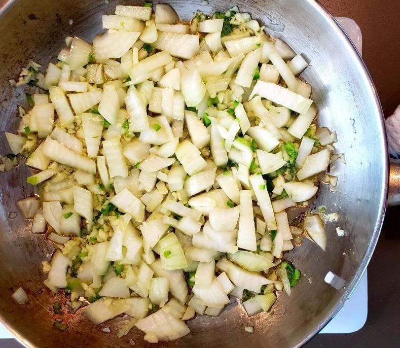 Pan with onion, garlic, and jalapenos