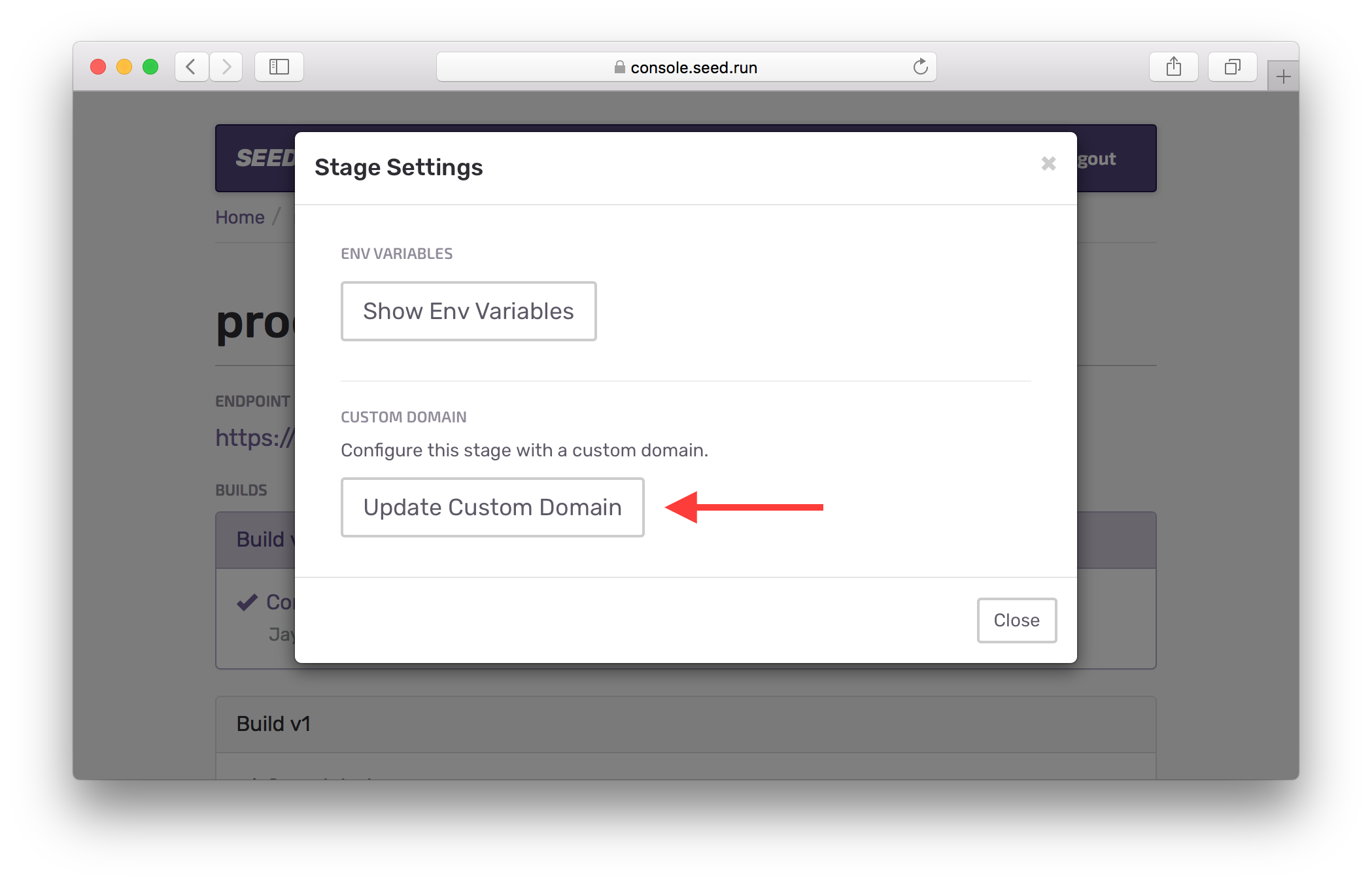 Select update Custom Domain option Screenshot