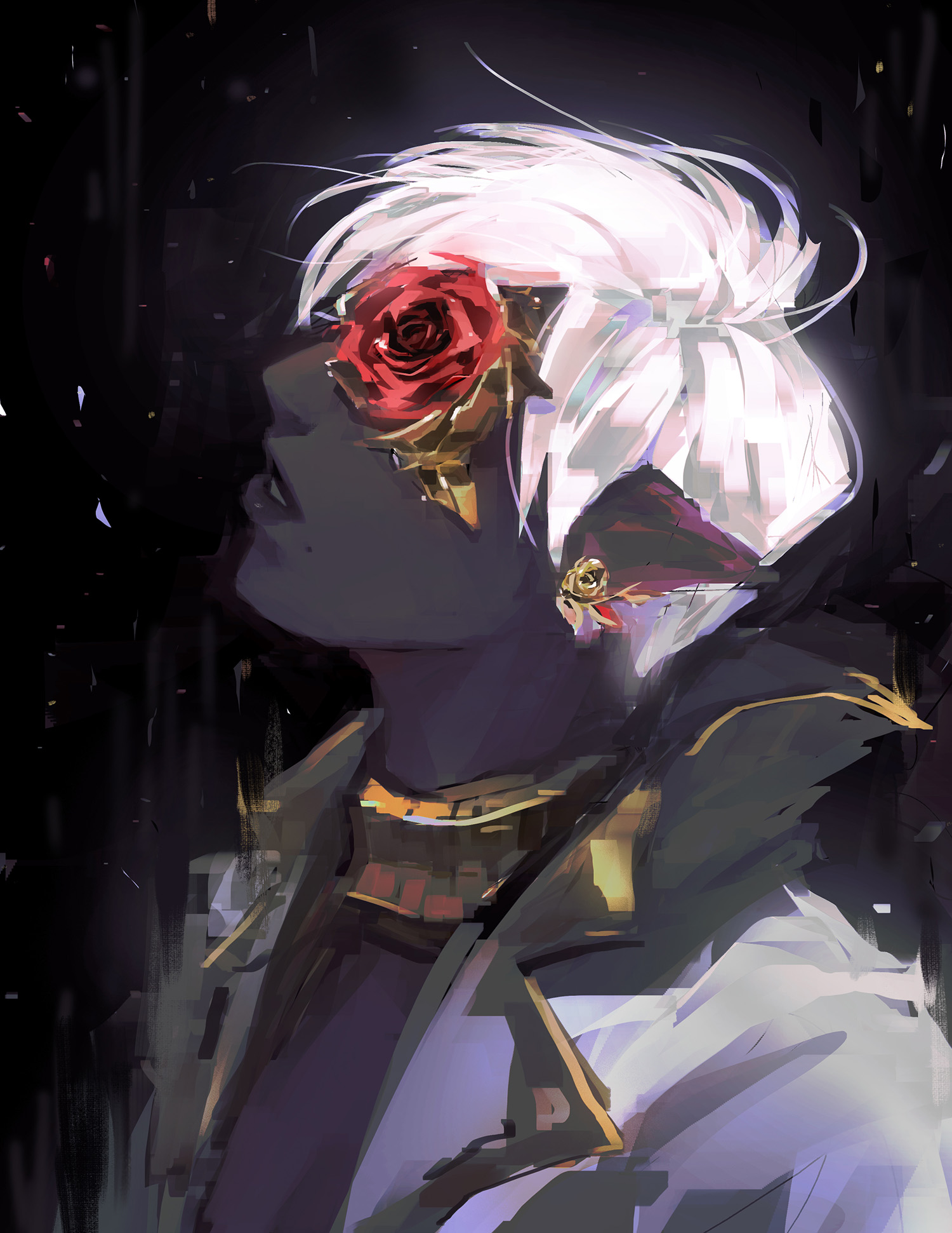 An elf with dark skin and white hair wearing a rose eye.