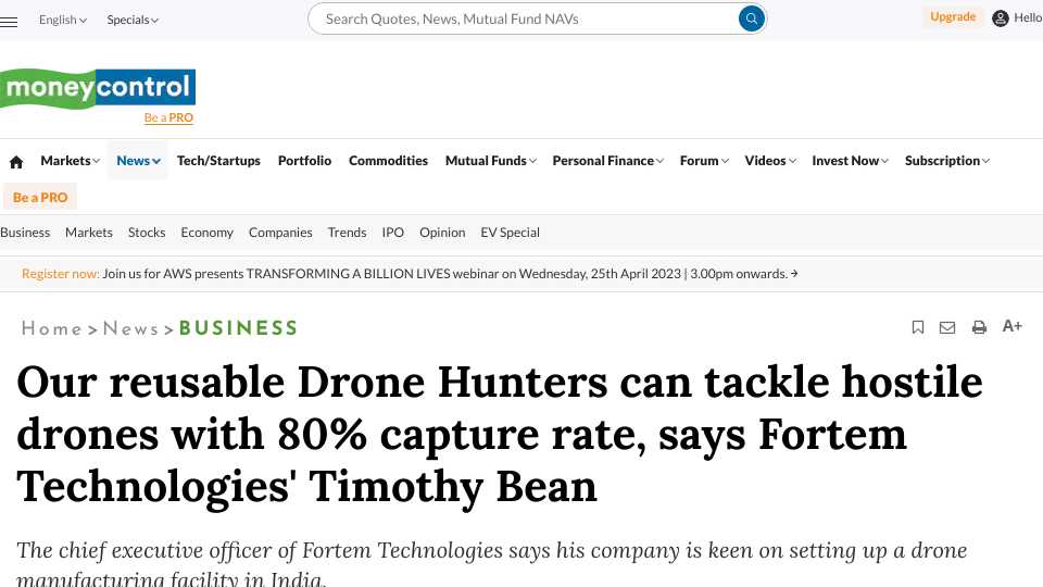 Our reusable Drone Hunters can tackle hostile drones with 80% capture rate, says Fortem Technologies' Timothy Bean