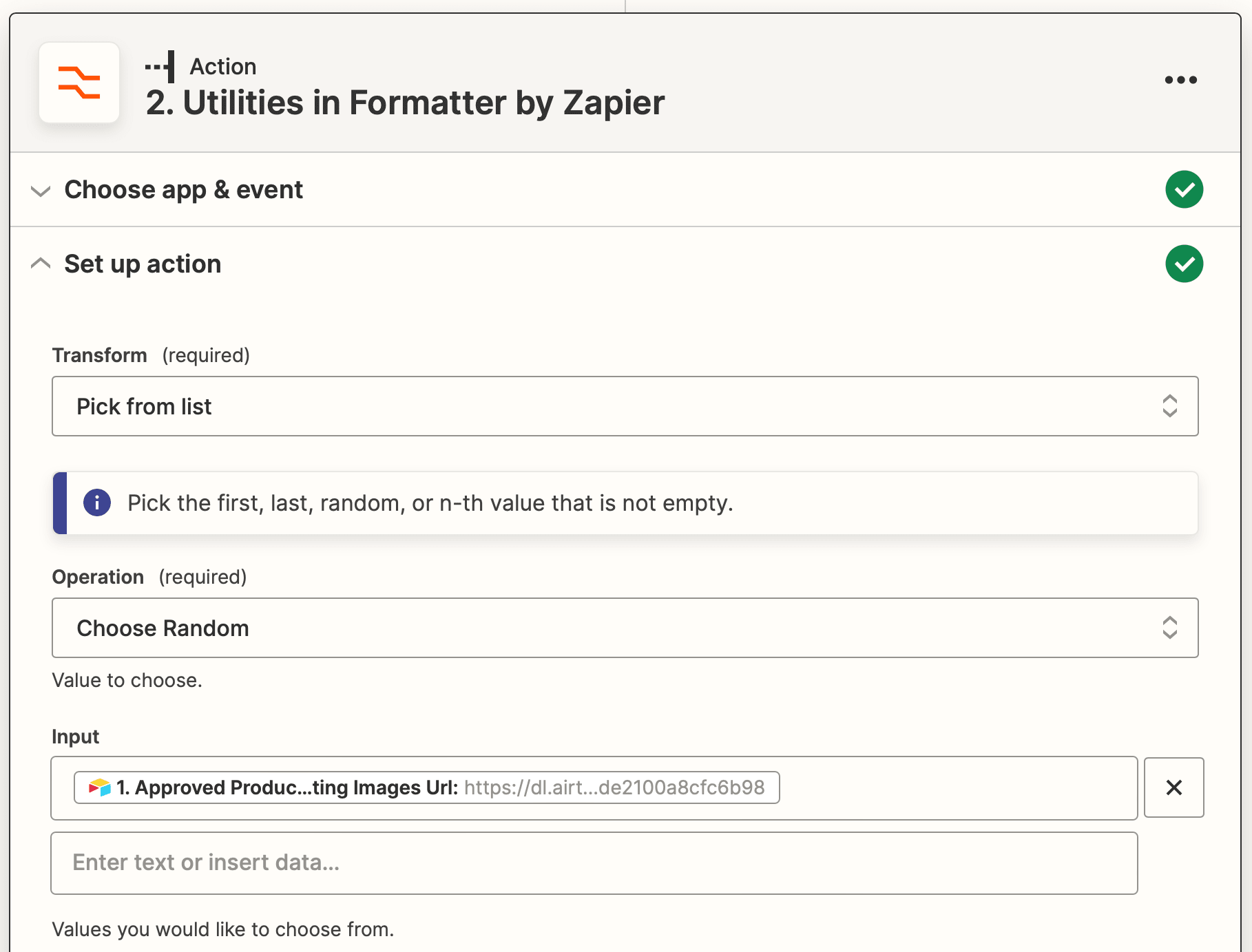Screenshot of Zapier utilities in formatter action with random pick from list transform and action setup
