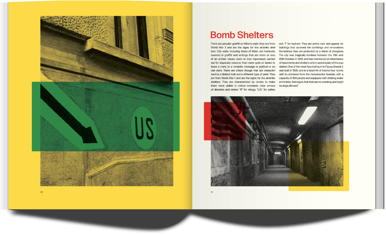 a publication spread. Page Title: Bomb Shelters. There are text and photographs describing the secret World War II bomb shelters in Milan.