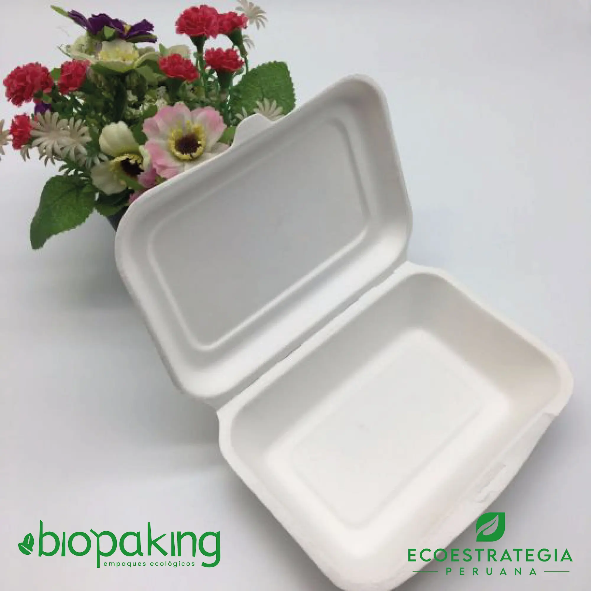 El envase biodegradable CT7 tiene una capacidad de 550ml. Táper biodegradable a base del bagazo de fibra de caña de azúcar, empaques de gramaje ideal para ensaladas y comidas