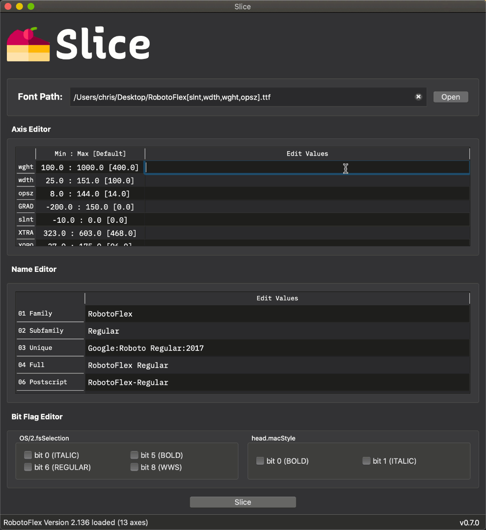 Slice Axis Editor settings example