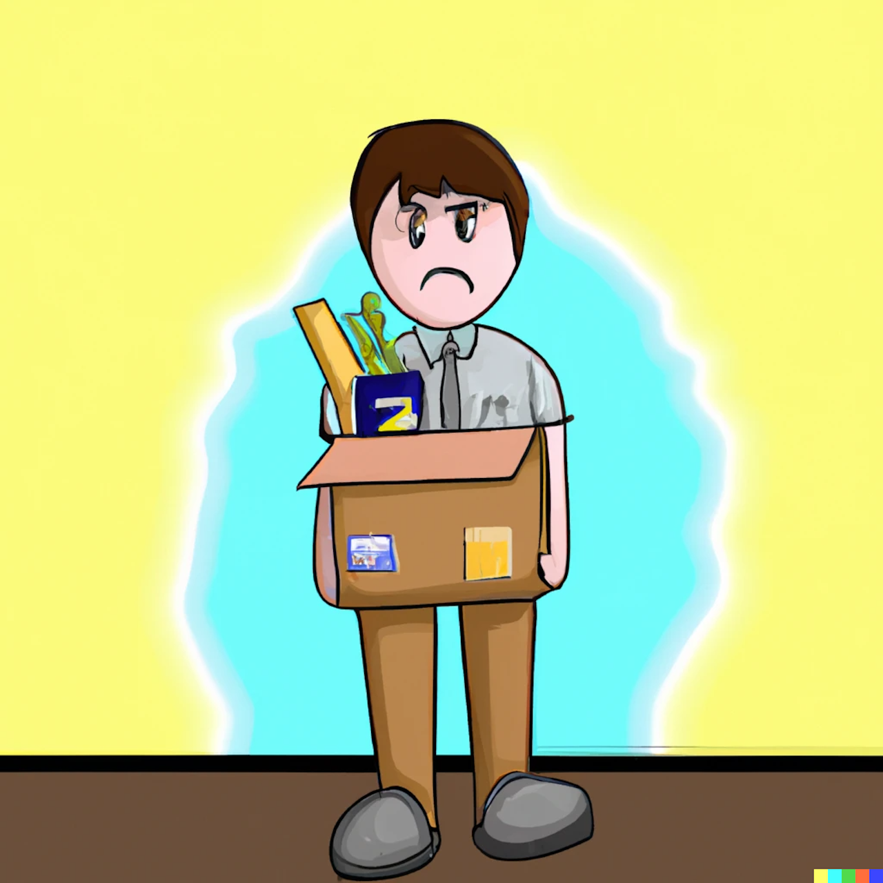 A cartoon of a sad person with a cardboard box