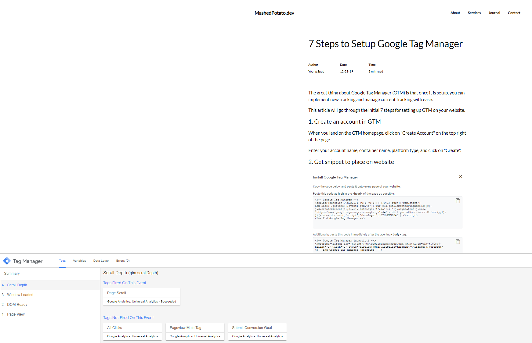 google tag manager (GTM) debugger showing event hit fire for scroll tracking