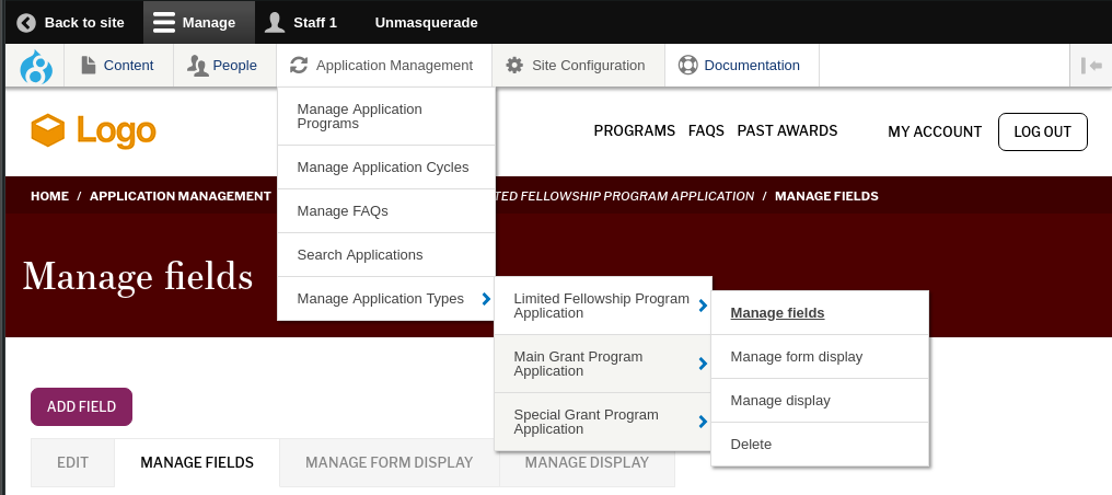 Navigating to 'Manage Fields' for an Application Type