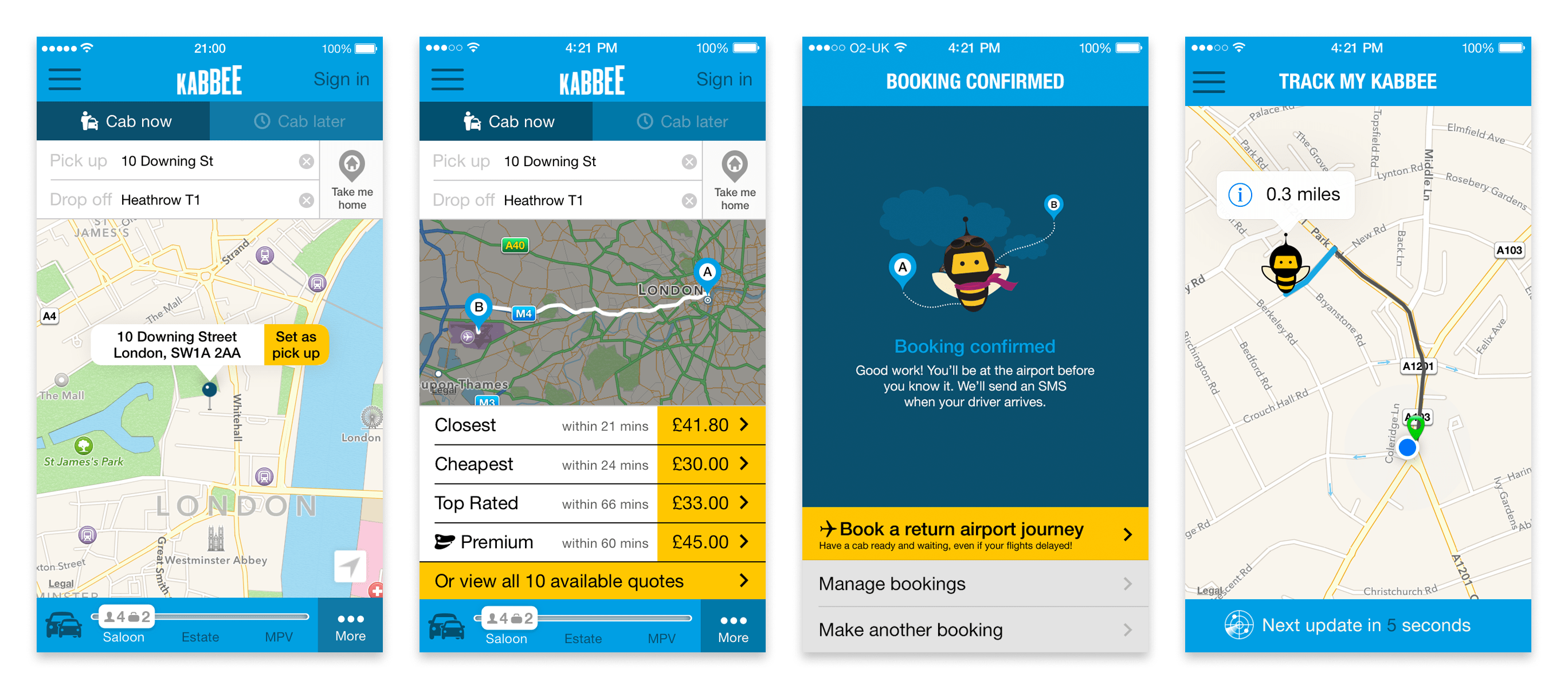 Four screenshots showing the taxi booking process in the Kabbee app
