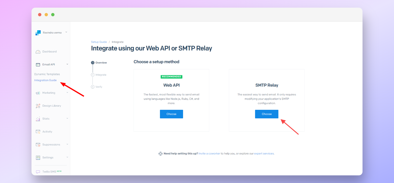 Go to integration under Email Api to select SMTP Relay for smtp