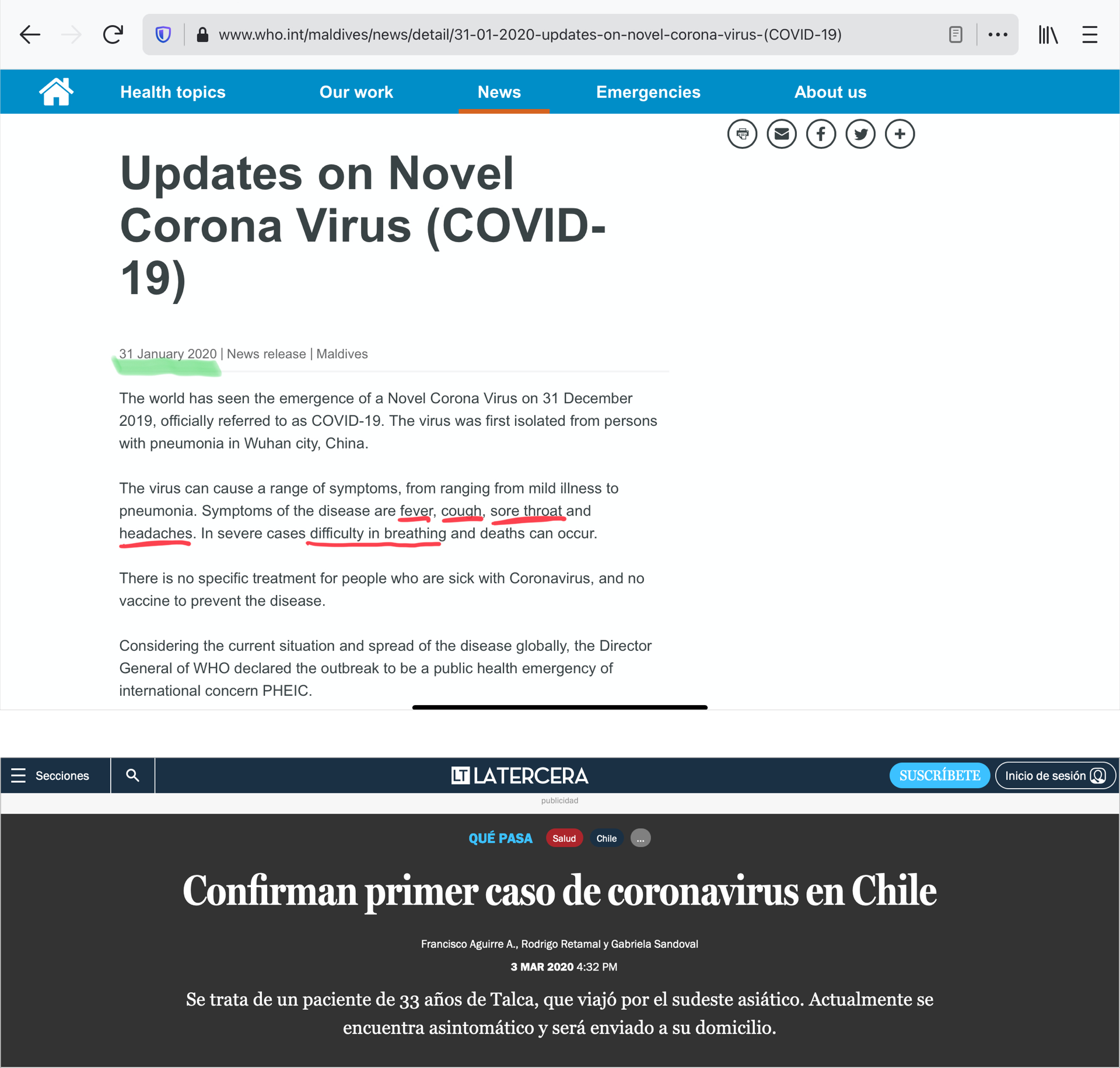 Screenshot showing an update about coronavirus in the UK. Below: A screenshot of the first coronavirus case in Chile.