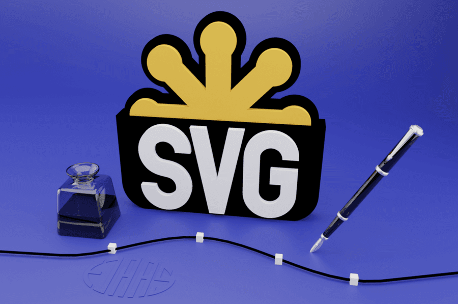 3D illustration med pen og blæk foran SVG logo